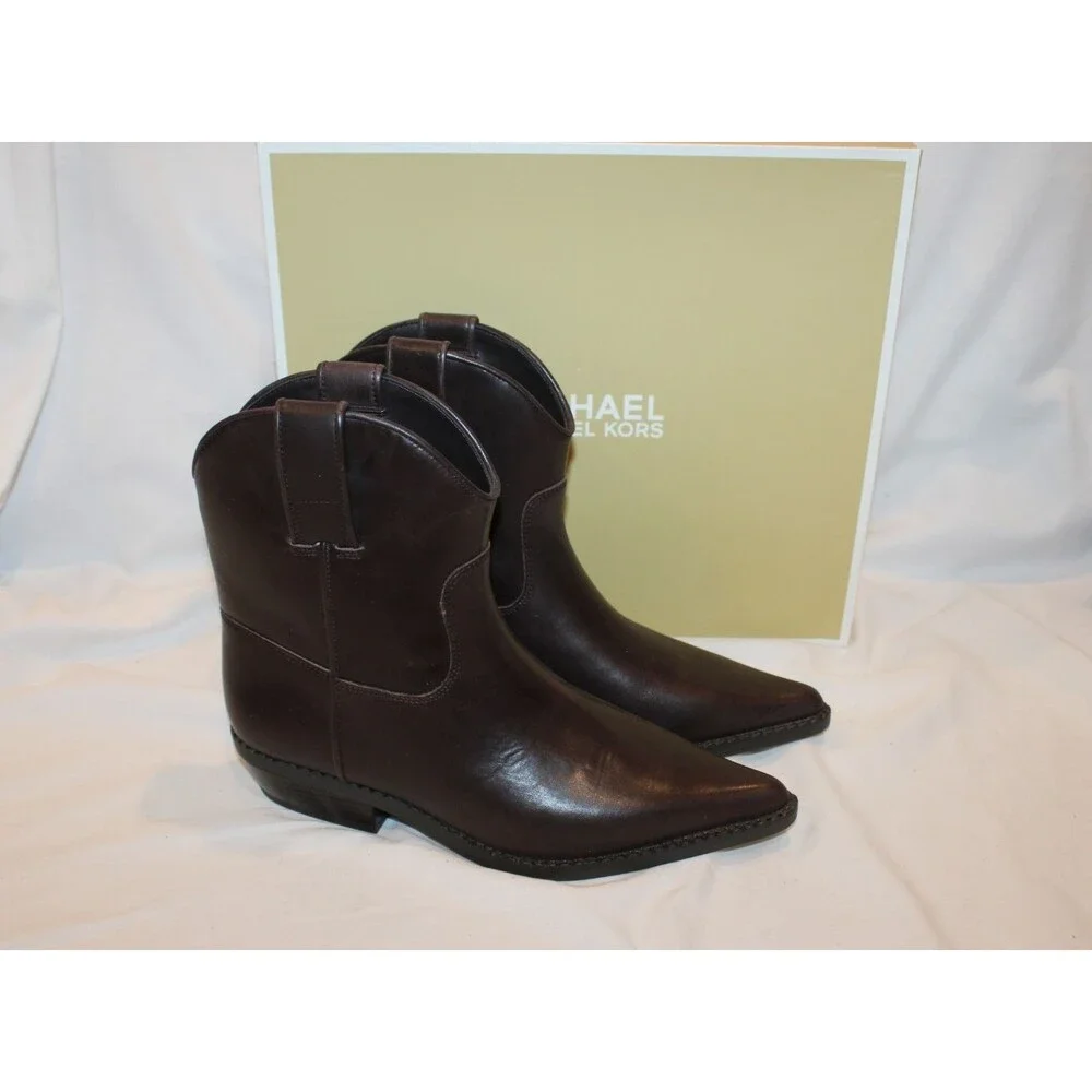 Michael Kors Noemie Women Pointed Toe Brown Leather Pull On Ankle Boots 8 $175